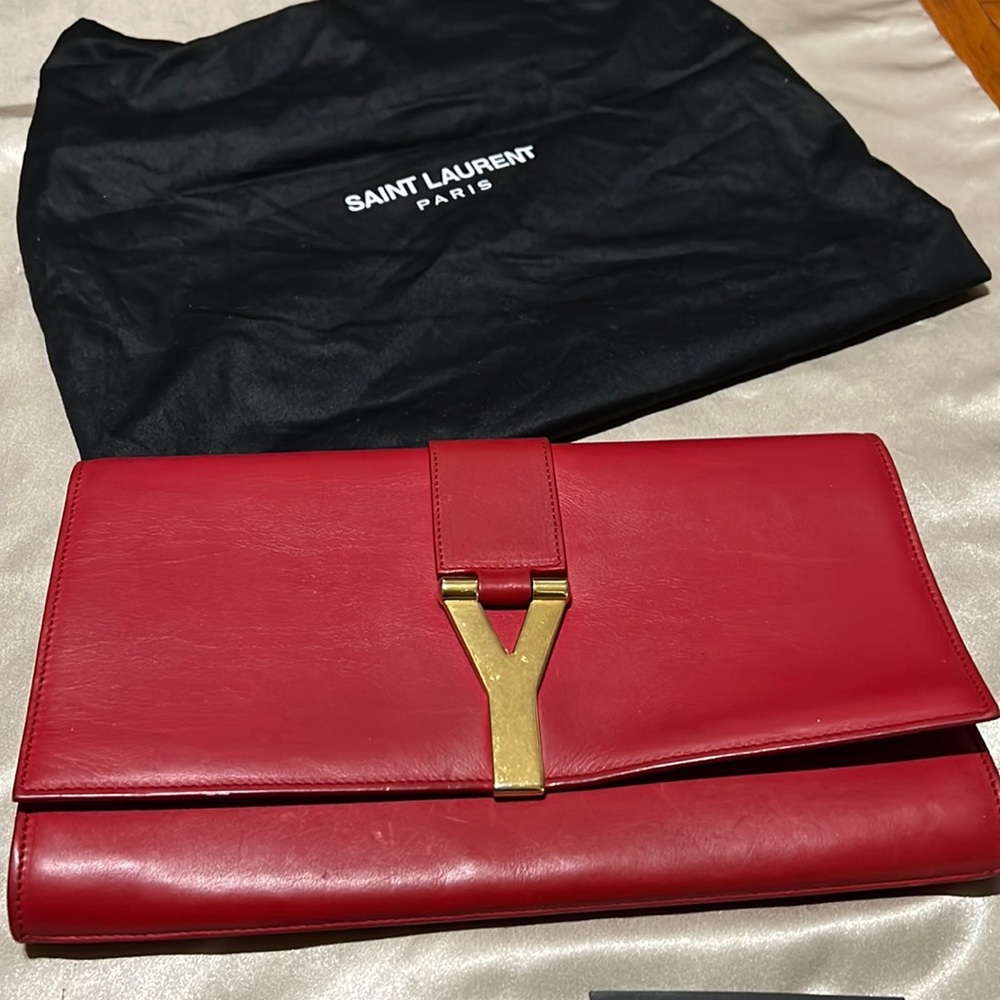 YSL Saint Laurent (Authentic) Red Clutch with Gold hardware